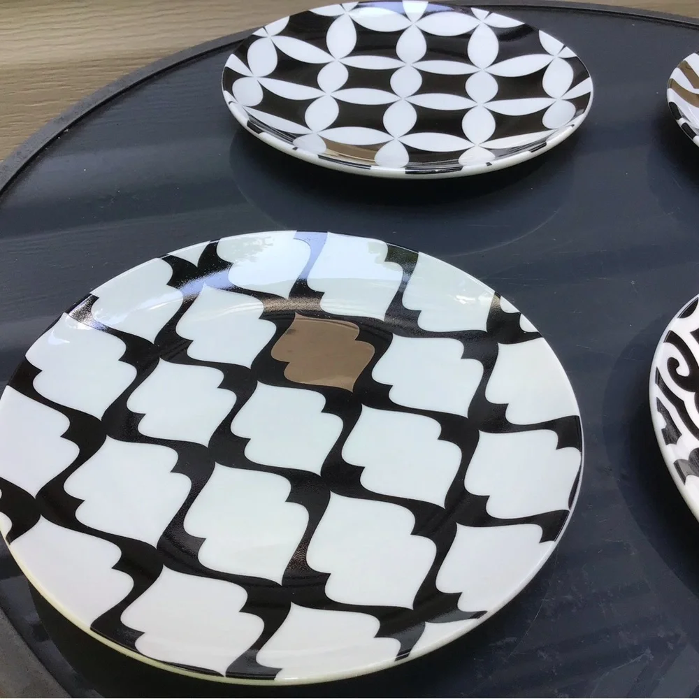 New in Box “Designer Set of (4) Dessert Plates, Embellished with/ 14K Gold”